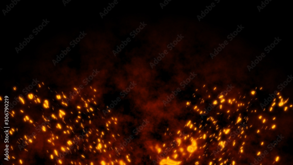 Burning red hot flying sparks fire in the night sky. Beautiful abstract background flying wing shape on black background.