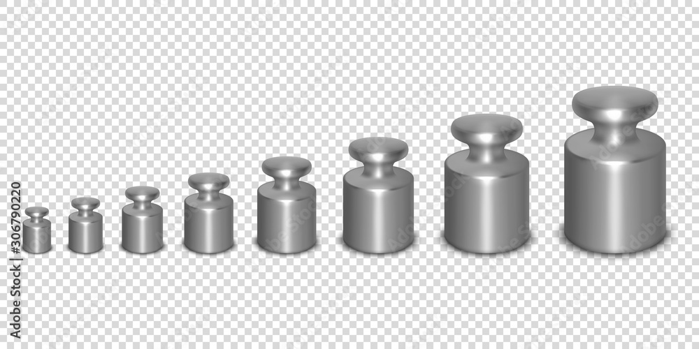 Vector 3d Realistic Metal Calibration Laboratory Weight Different Sizes Icon Set Closeup Isolated on Transparent Background. Design Template of Little Weights for Mechanical Jewelry Scales Vector 3d Realistic Metal Calibration Laboratory Weight Different Sizes Icon Set Closeup Isolated on Transparent Background. Design Template of Little Weights for Mechanical Jewelry Scales
