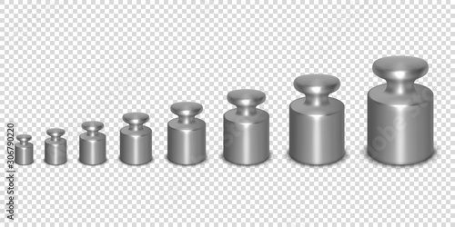 Vector 3d Realistic Metal Calibration Laboratory Weight Different Sizes Icon Set Closeup Isolated on Transparent Background. Design Template of Little Weights for Mechanical Jewelry Scales