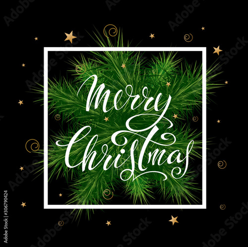 Merry Christmas! Congratulatory poster with festive seasonal paraphernalia and lettering. Vector image.