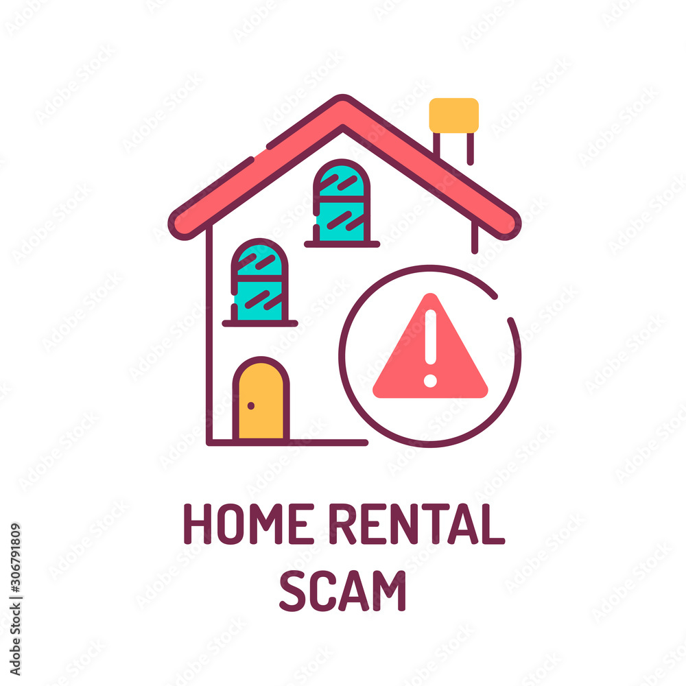 Home rental scam color line icon. Illegal action. Using high-pressure tactics to get victims to pay the rent in advance.Pictogram for web page, mobile app, promo. UI UX GUI design element. Home rental scam color line icon. Illegal action. Using high-pressure tactics to get victims to pay the rent in advance.Pictogram for web page, mobile app, promo. UI UX GUI design element.