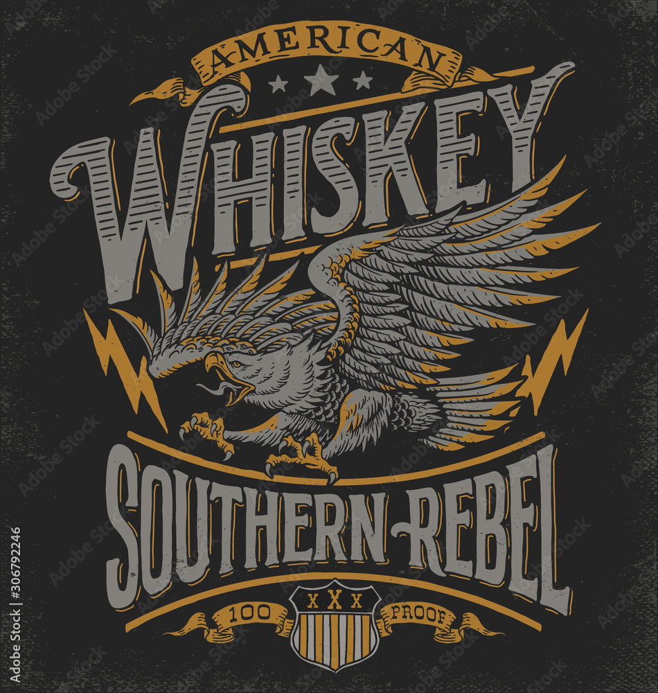 Hand drawn Eagle Whiskey label inspired T-shirt graphic
