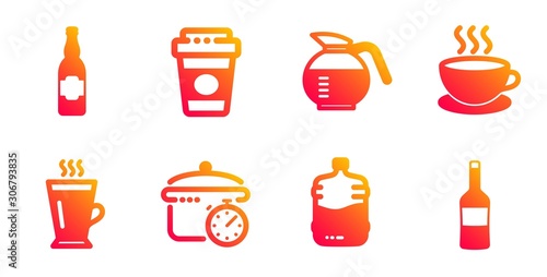 Boiling pan, Takeaway coffee and Beer bottle line icons set. Coffeepot, Cappuccino and Cooler bottle signs. Latte, Wine symbols. Cooking timer, Latte drink. Food and drink set. Vector