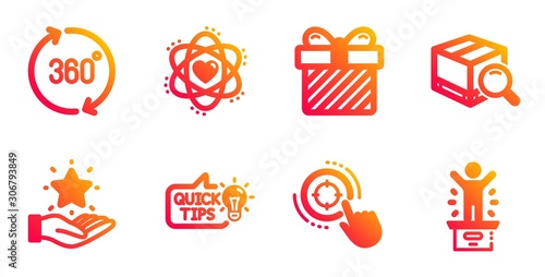 Education idea, Surprise and Atom line icons set. Search package, Loyalty program and 360 degrees signs. Seo target, Winner podium symbols. Quick tips, Present with bow. Business set. Vector