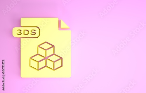 Yellow 3DS file document. Download 3ds button icon isolated on pink background. 3DS file symbol. Minimalism concept. 3d illustration 3D render photo