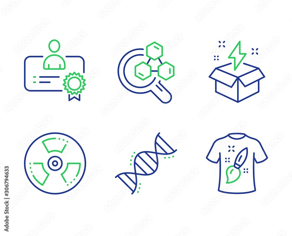 Chemical hazard, Chemistry lab and Creative idea line icons set. Certificate, Chemistry dna and T-shirt design signs. Toxic, Lab research, Lightning. Best employee. Education set. Vector Chemical hazard, Chemistry lab and Creative idea line icons set. Certificate, Chemistry dna and T-shirt design signs. Toxic, Lab research, Lightning. Best employee. Education set. Vector