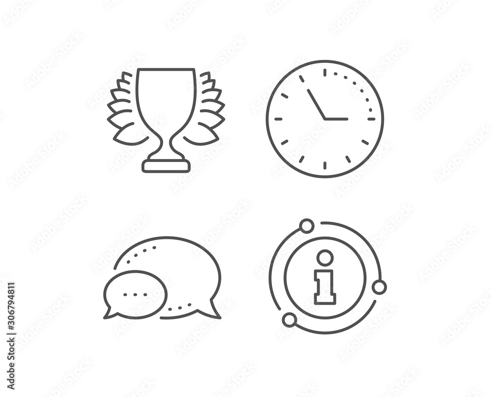 Award cup line icon. Chat bubble, info sign elements. Winner Trophy with Laurel wreath symbol. Sports achievement sign. Linear winner outline icon. Information bubble. Vector Award cup line icon. Chat bubble, info sign elements. Winner Trophy with Laurel wreath symbol. Sports achievement sign. Linear winner outline icon. Information bubble. Vector