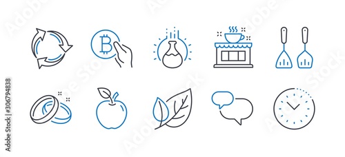 Set of Business icons, such as Coffee shop, Leaf, Recycle, Chemistry experiment, Apple, Cooking cutlery, Wedding rings, Chat message, Bitcoin pay, Time management line icons. Vector