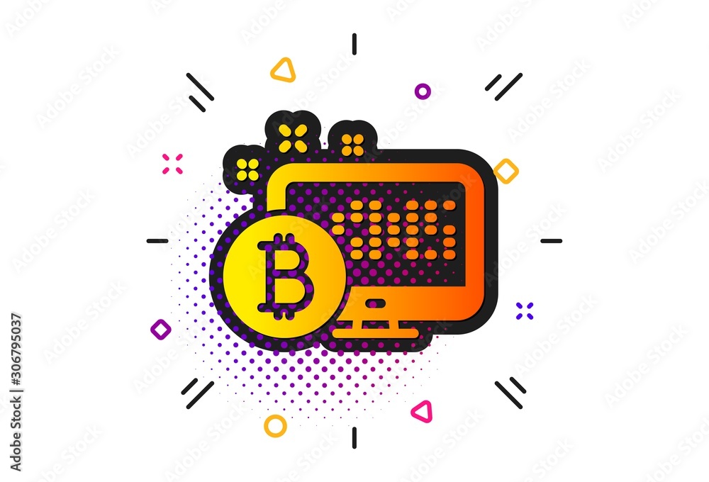 Obraz premium Cryptocurrency monitor sign. Halftone circles pattern. Bitcoin icon. Crypto money symbol. Classic flat bitcoin system icon. Vector