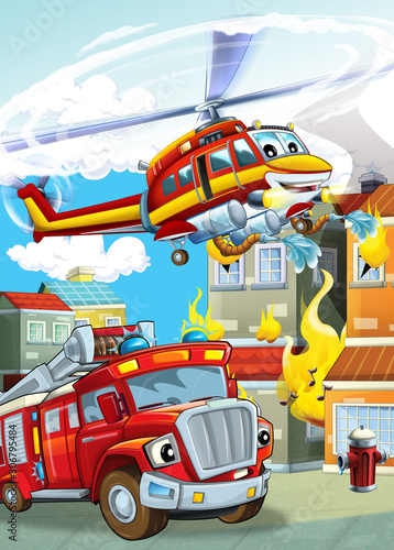 cartoon scene with different fire fighter machines helicopter and fire brigade truck illustration for children © honeyflavour