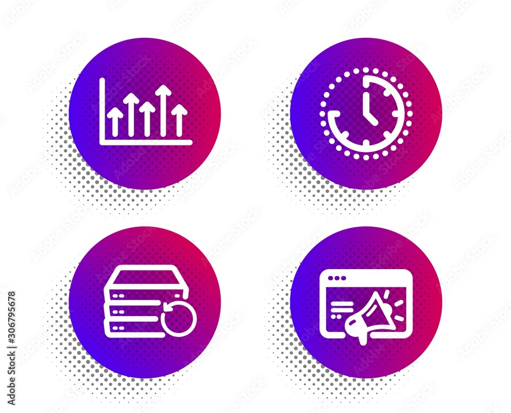 Recovery server, Growth chart and Time icons simple set. Halftone dots button. Seo marketing sign. Backup data, Upper arrows, Clock. Megaphone. Science set. Classic flat recovery server icon. Vector Recovery server, Growth chart and Time icons simple set. Halftone dots button. Seo marketing sign. Backup data, Upper arrows, Clock. Megaphone. Science set. Classic flat recovery server icon. Vector