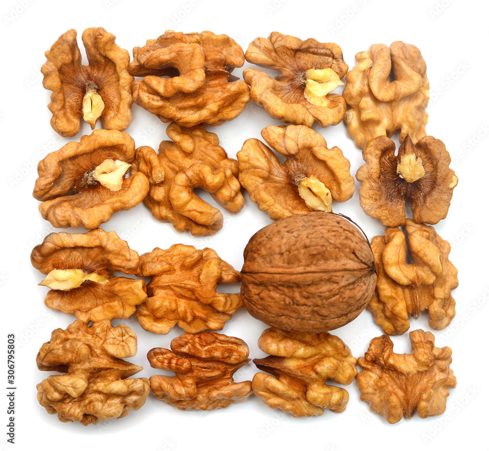 Walnuts kernels and whole collection isolated on white background. Flat lay, top view Walnuts kernels and whole collection isolated on white background. Flat lay, top view