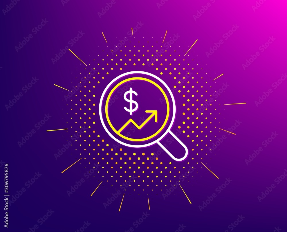 Business Audit or Statistics line icon. Halftone pattern. Analytics with charts symbol. Search Magnifier sign. Gradient background. Currency audit line icon. Yellow halftone pattern. Vector Business Audit or Statistics line icon. Halftone pattern. Analytics with charts symbol. Search Magnifier sign. Gradient background. Currency audit line icon. Yellow halftone pattern. Vector