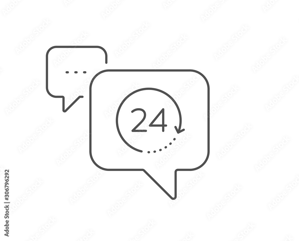 24 hours time line icon. Chat bubble design. Clock sign. Watch symbol. Outline concept. Thin line 24 hours icon. Vector 24 hours time line icon. Chat bubble design. Clock sign. Watch symbol. Outline concept. Thin line 24 hours icon. Vector