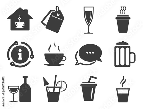 Beer, wine and cocktail signs. Discount offer tag, chat, info icon. Tea, coffee and beer icons. Take away drinks. Classic style signs set. Vector