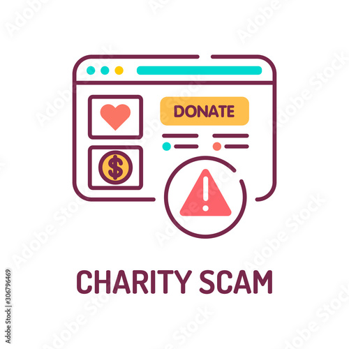 Charity scam color line icon. Cybercrime. Fake donation. Pictogram for web page, mobile app, promo. UI UX GUI design element. Editable stroke.