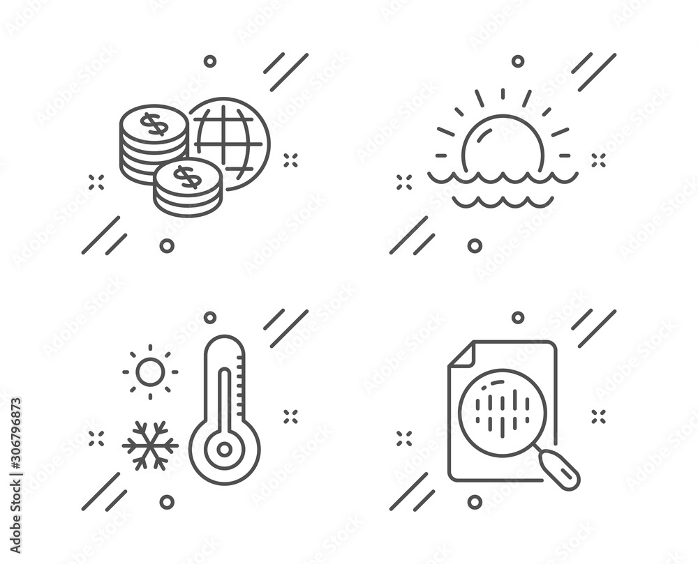 Weather thermometer, Sunset and World money line icons set. Analytics chart sign. Temperature, Sunny weather, Global markets. Report analysis. Science set. Vector Weather thermometer, Sunset and World money line icons set. Analytics chart sign. Temperature, Sunny weather, Global markets. Report analysis. Science set. Vector