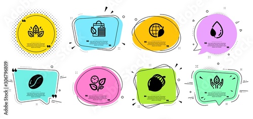 Leaf dew, Organic tested and Acorn line icons set. Chat bubbles with quotes. Fair trade, Coffee beans and Environment day signs. Leaves, Bio shopping symbols. Water drop, Bio ingredients. Vector