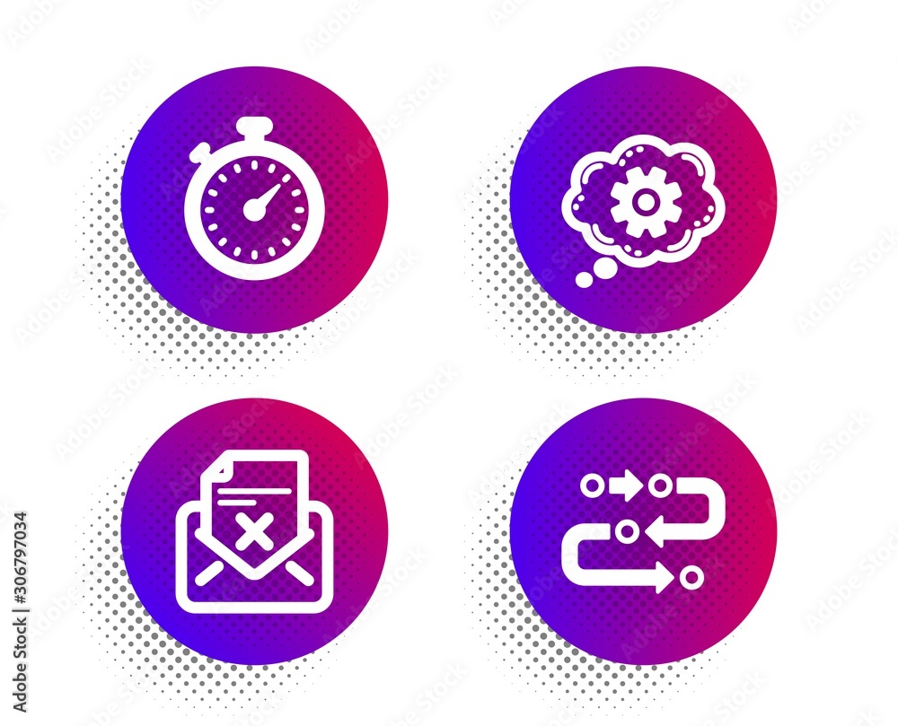 Timer, Cogwheel and Reject letter icons simple set. Halftone dots button. Methodology sign. Stopwatch gadget, Engineering tool, Delete mail. Development process. Technology set. Vector