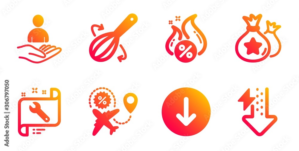 Loyalty points, Flight sale and Scroll down line icons set. Cooking whisk, Spanner and Hot loan signs. Recruitment, Energy drops symbols. Money bags, Travel discount. Business set. Vector