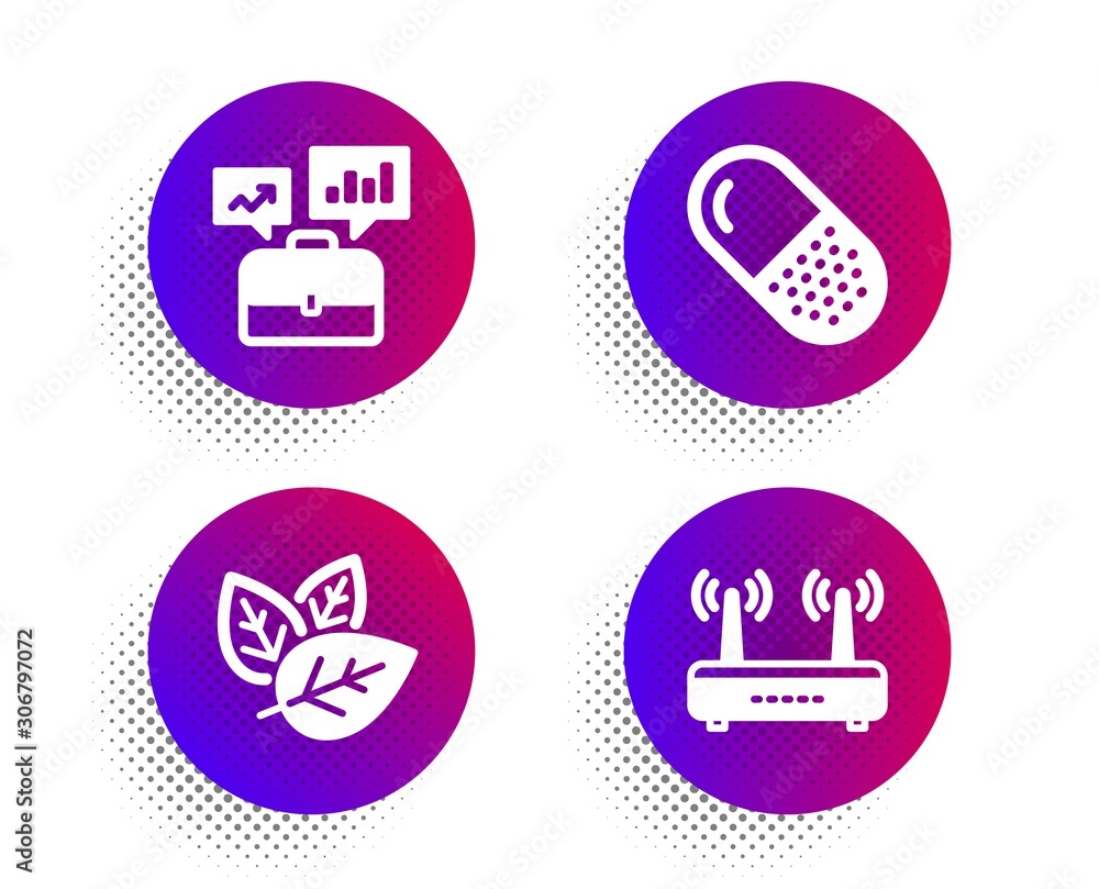 Capsule pill, Organic tested and Business portfolio icons simple set. Halftone dots button. Wifi sign. Medicine drugs, Bio ingredients, Job interview. Internet router. Science set. Vector