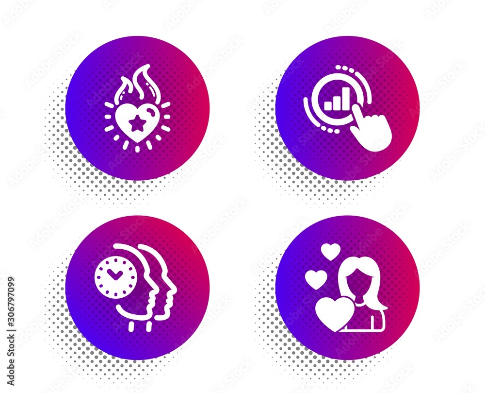 Graph chart, Heart flame and Time management icons simple set. Halftone dots button. Love sign. Get report, Love fire, Teamwork clock. People set. Classic flat graph chart icon. Vector Graph chart, Heart flame and Time management icons simple set. Halftone dots button. Love sign. Get report, Love fire, Teamwork clock. People set. Classic flat graph chart icon. Vector