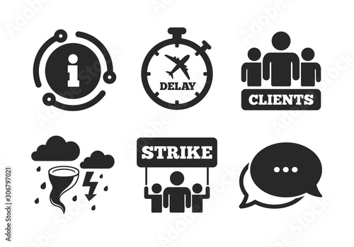 Storm bad weather and group of people signs. Chat, info sign. Strike icon. Delayed flight symbol. Classic style speech bubble icon. Vector