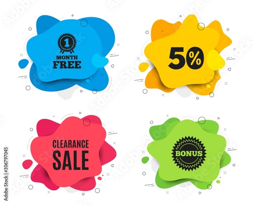 Clearance sale symbol. Liquid shape, various colors. Special offer price sign. Advertising discounts symbol. Geometric vector banner. Clearance sale text. Gradient shape badge. Vector