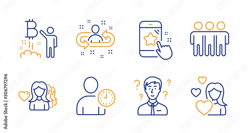 Bitcoin project, Star rating and Time management line icons set. Friendship, Support consultant and Woman love signs. Recruitment, Love symbols. Cryptocurrency startup, Phone feedback. Vector Bitcoin project, Star rating and Time management line icons set. Friendship, Support consultant and Woman love signs. Recruitment, Love symbols. Cryptocurrency startup, Phone feedback. Vector