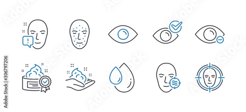 Set of Medical icons, such as Skin care, Eye, Face biometrics, Face attention, Problem skin, Myopia, Cream, Oil drop, Check eye line icons. Hand cream, View or vision. Line skin care icon. Vector