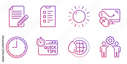 Article, Quick tips and World water line icons set. Checklist, Sun energy and Time signs. Computer mouse, Employees teamwork symbols. Feedback, Helpful tricks. Science set. Vector