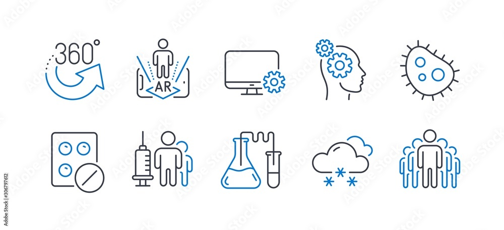Naklejka premium Set of Science icons, such as Monitor settings, 360 degrees, Augmented reality, Thoughts, Snow weather, Chemistry lab, Medical tablet, Medical vaccination, Bacteria, Group line icons. Vector