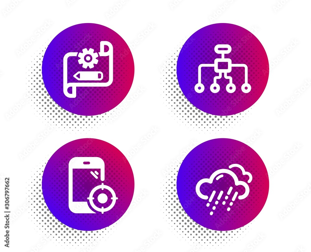 Restructuring, Seo phone and Cogwheel blueprint icons simple set. Halftone dots button. Rainy weather sign. Delegate, Smartphone optimization, Edit settings. Rain. Science set. Vector