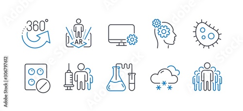 Set of Science icons, such as Monitor settings, 360 degrees, Augmented reality, Thoughts, Snow weather, Chemistry lab, Medical tablet, Medical vaccination, Bacteria, Group line icons. Vector