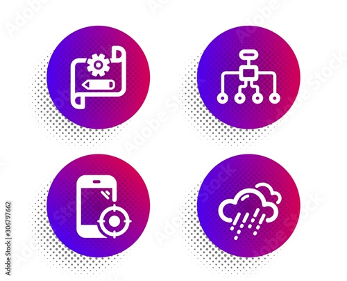 Restructuring, Seo phone and Cogwheel blueprint icons simple set. Halftone dots button. Rainy weather sign. Delegate, Smartphone optimization, Edit settings. Rain. Science set. Vector