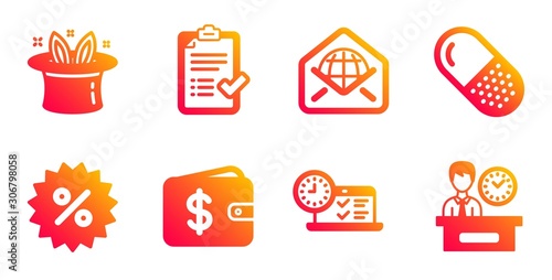 Capsule pill, Discount and Dollar wallet line icons set. Hat-trick, Web mail and Online test signs. Approved checklist, Presentation time symbols. Medicine drugs, Special offer. Business set. Vector