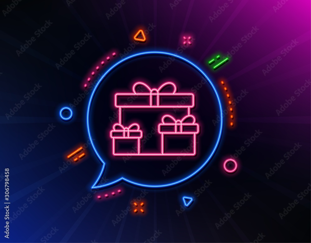 Gift boxes line icon. Neon laser lights. Present or Sale sign. Birthday Shopping symbol. Package in Gift Wrap. Glow laser speech bubble. Neon lights chat bubble. Vector
