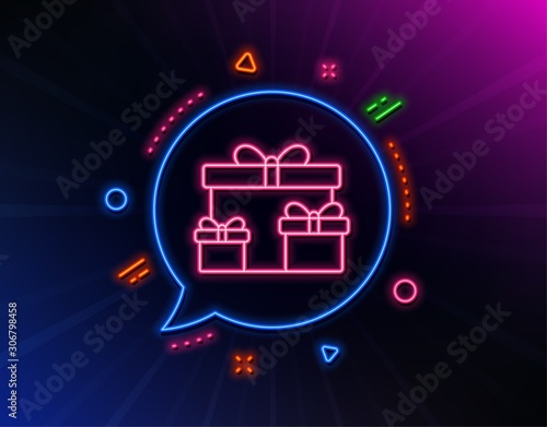 Gift boxes line icon. Neon laser lights. Present or Sale sign. Birthday Shopping symbol. Package in Gift Wrap. Glow laser speech bubble. Neon lights chat bubble. Vector