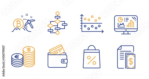 Debit card, Block diagram and Dot plot line icons set. Shopping bag, Analytics graph and Currency signs. Bitcoin mining, Payment symbols. Wallet with credit card, Algorithm path. Finance set. Vector