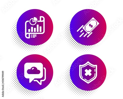 Weather forecast, Report document and Fast payment icons simple set. Halftone dots button. Reject protection sign. Cloudy, Growth chart, Finance transfer. No security. Business set. Vector