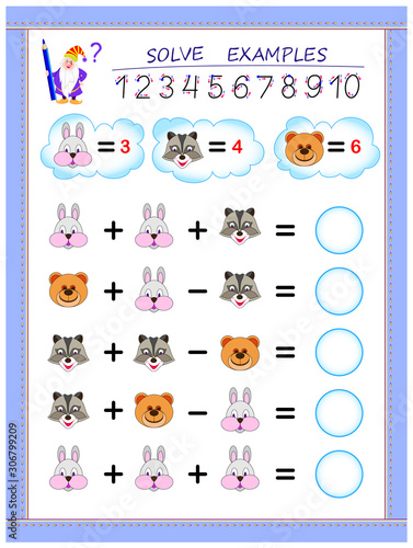 Educational page for little children on addition and subtraction. Solve examples according to value of each animal and write numbers in circles. Printable worksheet for kids math school textbook.