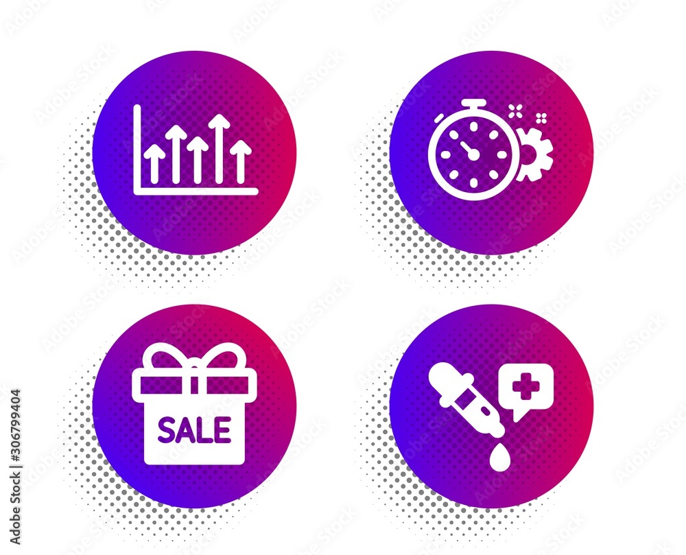 Cogwheel timer, Sale offer and Growth chart icons simple set. Halftone dots button. Chemistry pipette sign. Engineering tool, Gift box, Upper arrows. Laboratory. Business set. Vector Cogwheel timer, Sale offer and Growth chart icons simple set. Halftone dots button. Chemistry pipette sign. Engineering tool, Gift box, Upper arrows. Laboratory. Business set. Vector
