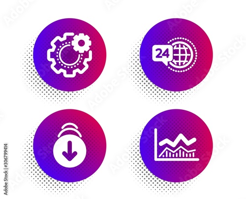 Scroll down, 24h service and Cogwheel icons simple set. Halftone dots button. Trade infochart sign. Swipe screen, Call support, Engineering tool. Business analysis. Business set. Vector