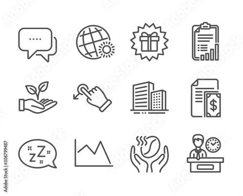 Set of Business icons, such as Helping hand, Coffee, Message, Surprise gift, Line chart, World weather, Payment, Sleep, Checklist, Buildings, Presentation time, Drag drop line icons. Vector