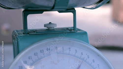 Using a blue toned vegetable scale to measure the weight of vegetables photo