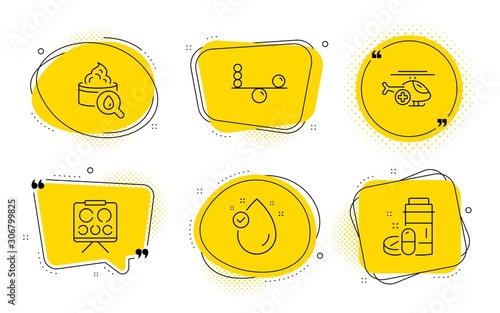 Medical helicopter, Moisturizing cream and Medical drugs signs. Chat bubbles. Vitamin e, Vision board and Balance line icons set. Oil drop, Eye check, Concentration. Sky transport. Vector