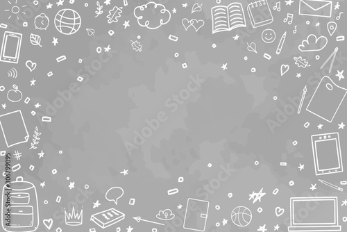 Back to school. Abstract blackboard. Background with school supplies. Elements are drawn in a linear style