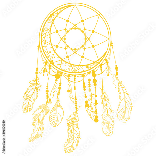 Colorful dreamcatcher on white. Mystic symbol. Hand drawn abstract dreamcatcher
