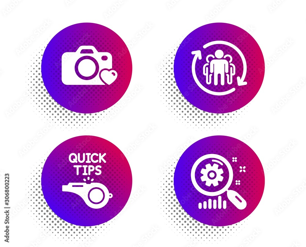 Photo camera, Teamwork and Tutorials icons simple set. Halftone dots button. Search statistics sign. Love photos, Employees change, Quick tips. Analysis. Technology set. Vector Photo camera, Teamwork and Tutorials icons simple set. Halftone dots button. Search statistics sign. Love photos, Employees change, Quick tips. Analysis. Technology set. Vector