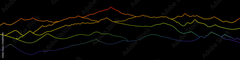 Colored curved lines on a black background, imitation of mountain ranges. Vector design, minimalism.